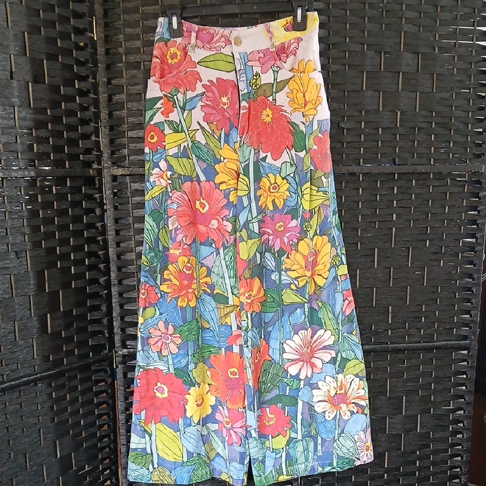 Womans Floral Print Wide Leg Palazzo Jeans Retro Style Size 6